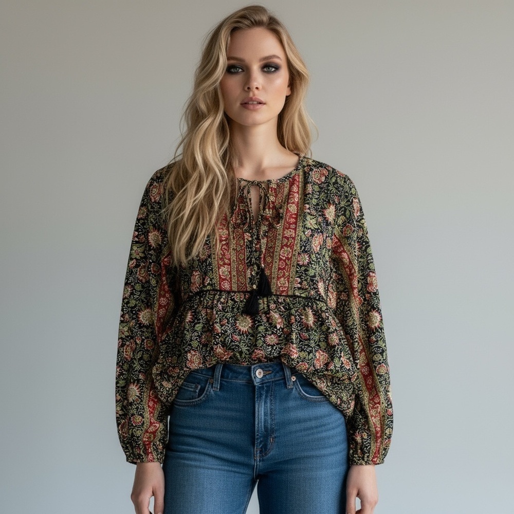 New RAGA Women’s Bohemian Peasant Blouse Long Sleeve 4 Tassel Strings Size Small